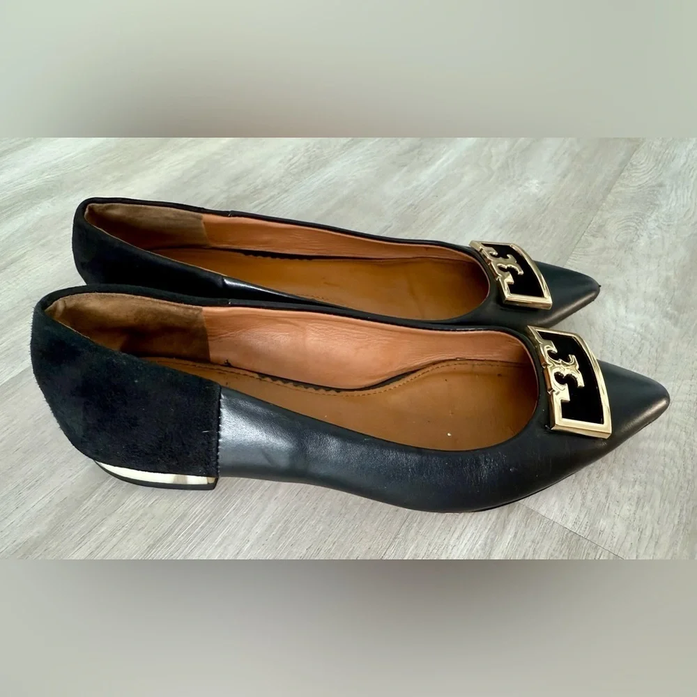 TORY BURCH Suede-trimmed Embellished Leather Point-toe Flats In Perfect Black 7